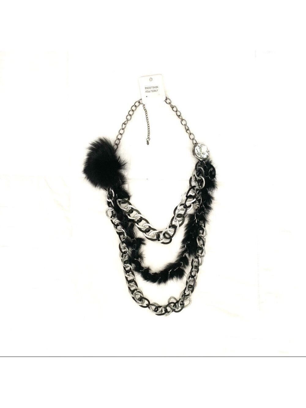 NEW-3 Layers Link Chain/Faux Fur/Stones Necklace